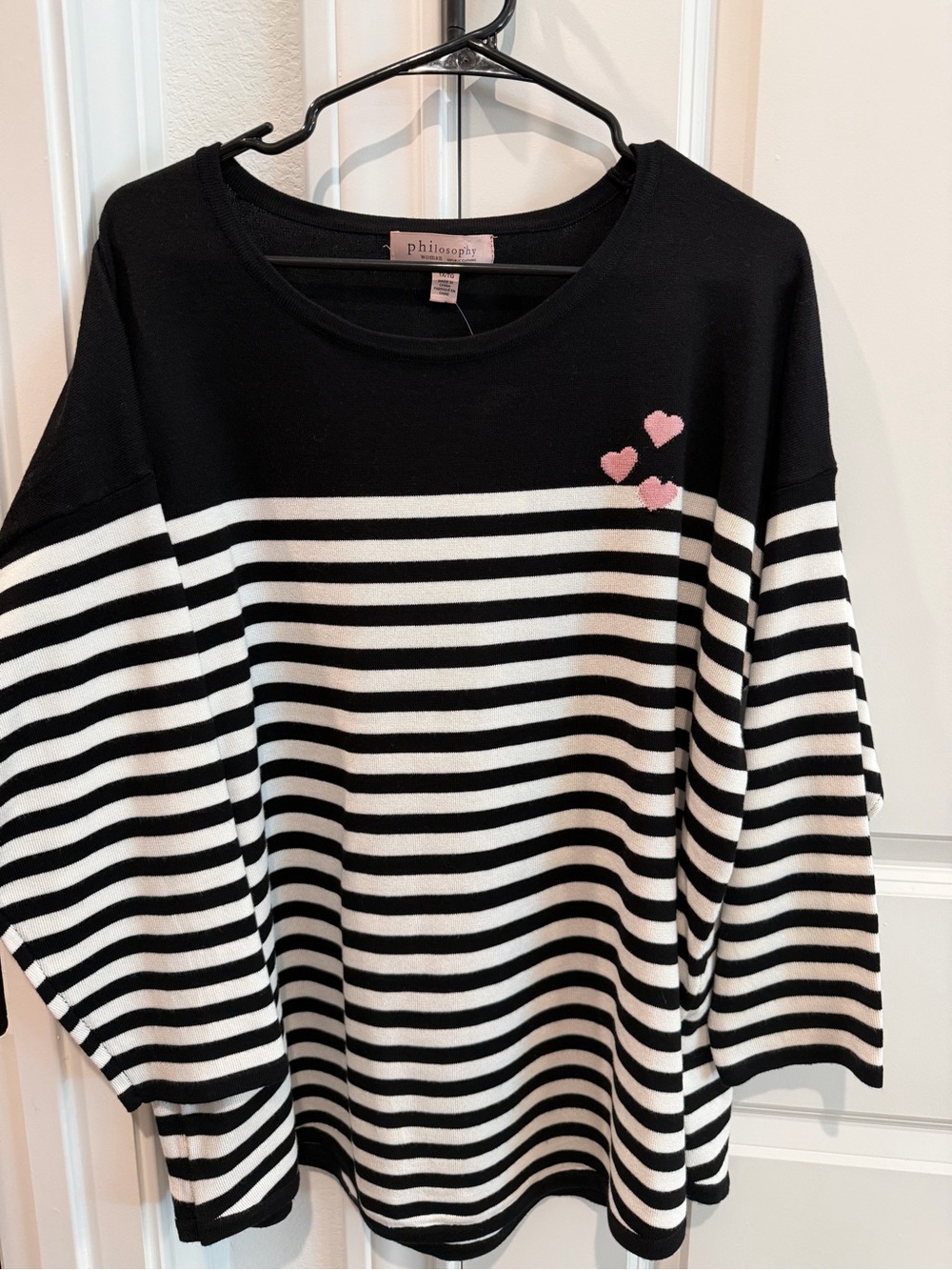 Philosophy Black & White Striped Sweater with Pink Heart Accents